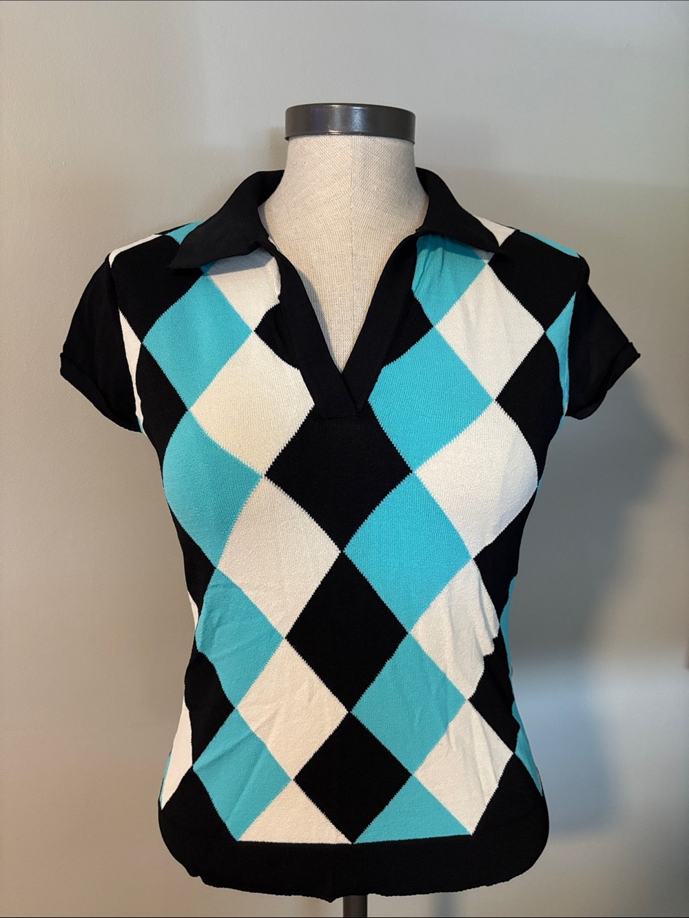 INC International Concepts Black, Turquoise & White Argyle Polo Top